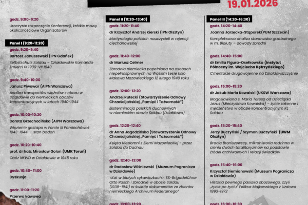 plakat z programem Ogólnopolska Konferencja Naukowa "Martyrologia ludności północnego Mazowsza i Działdowszczyzny w latach 1939-1945"